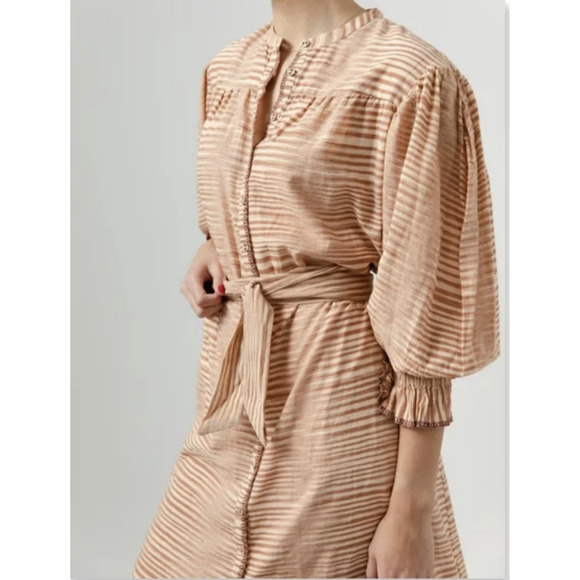 NWT Ulla Johnson Fiora Shirt Dress in Stripe Fawn Color Tie waist Casual Sz 8 - Picture 2 of 15